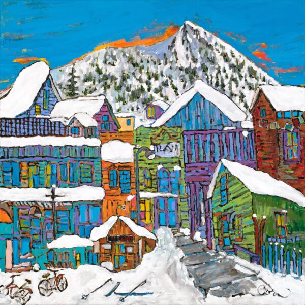 This piece is an interpretation of the town of Crested Butte, Colorado including many recognizable buildings and iconic Mt. Crested Butte in the background. The buildings are bright and covered in snow.