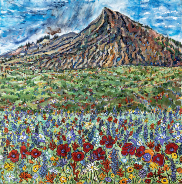 Wildflowers in fields with hiking trails and Crested Butte mountain and blue skies in the background.